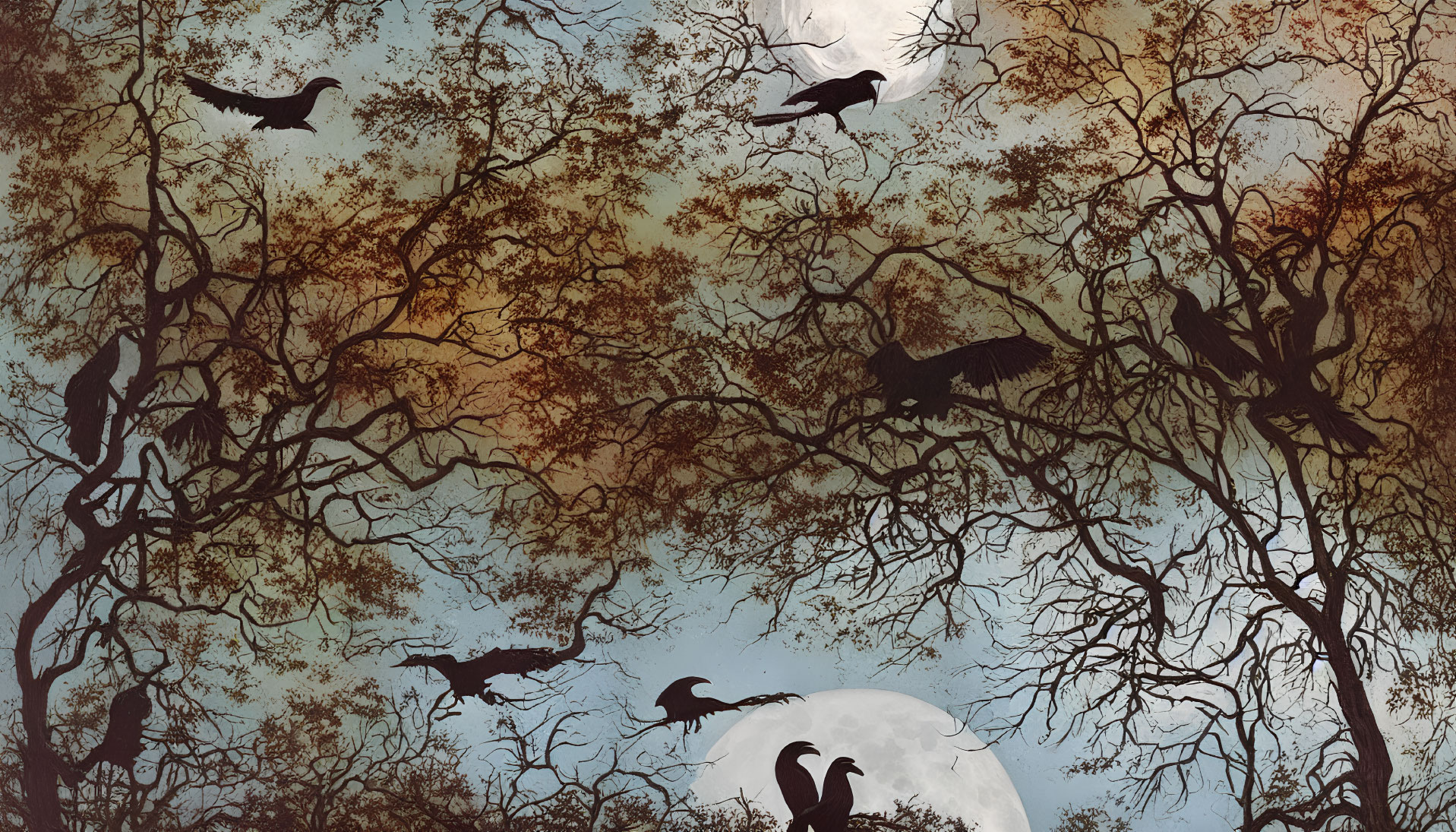 Silhouetted birds and trees under full moon in twilight sky