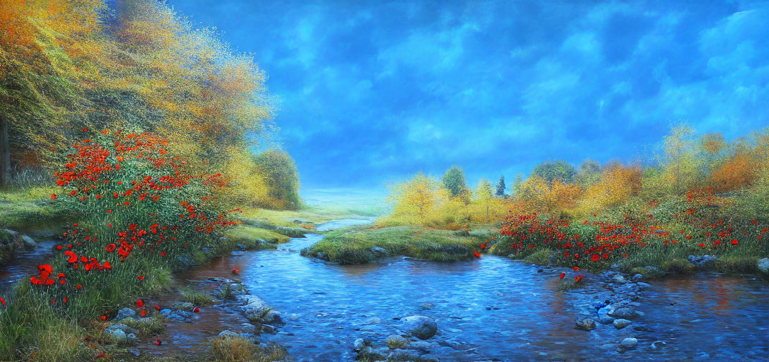 Tranquil landscape with meandering river, red poppies, autumn trees, and hazy sky