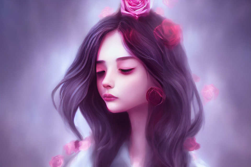 Digital art portrait of woman with flowing hair and roses in dreamy purple hues
