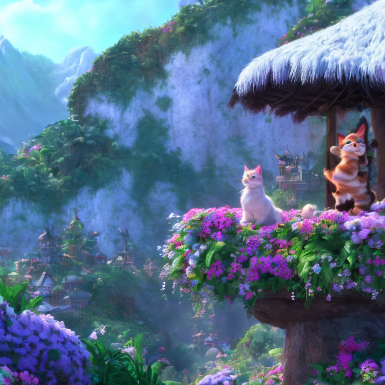 Two animated cats on flower-covered ledge overlooking mystical village with mountainous backdrop and traditional architecture
