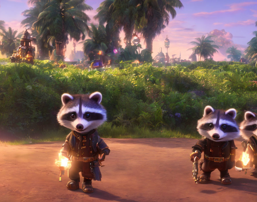 Animated raccoon characters in mystical forest with ruins at dusk