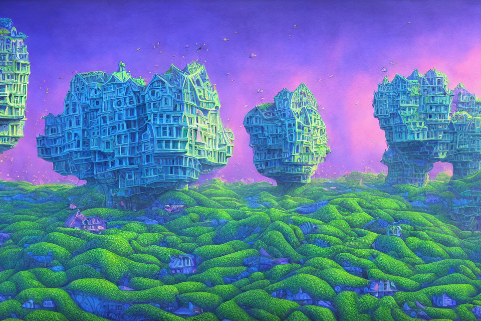 Surreal landscape: Floating islands, green houses, purple foliage, twilight sky