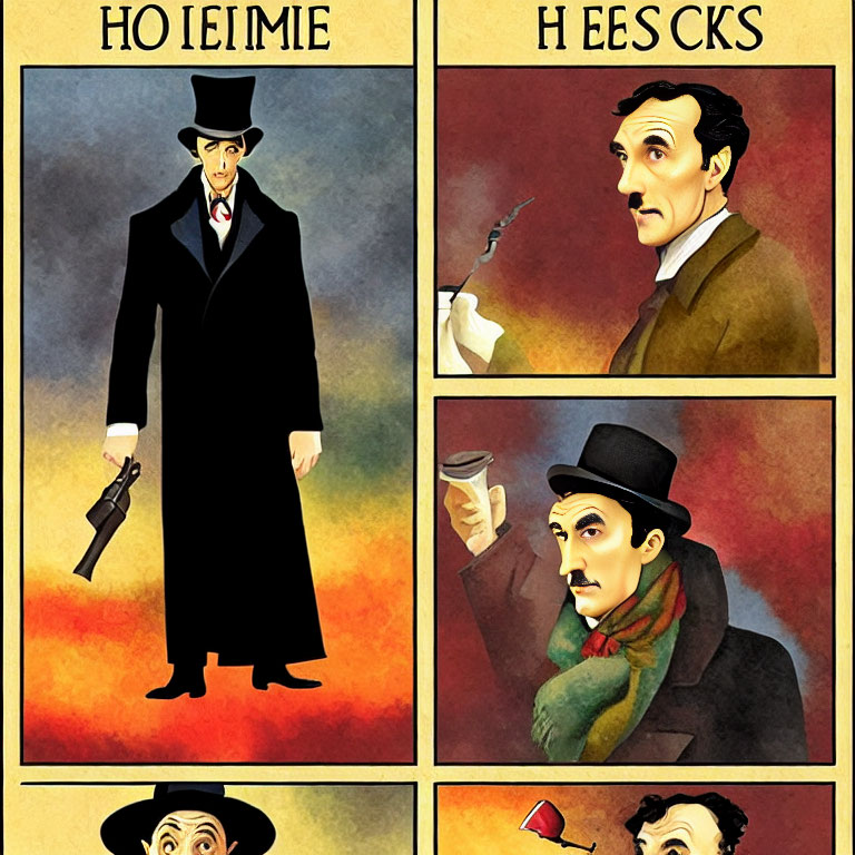 Stylized detective character illustrations in various poses with partial 'Holmes' text.