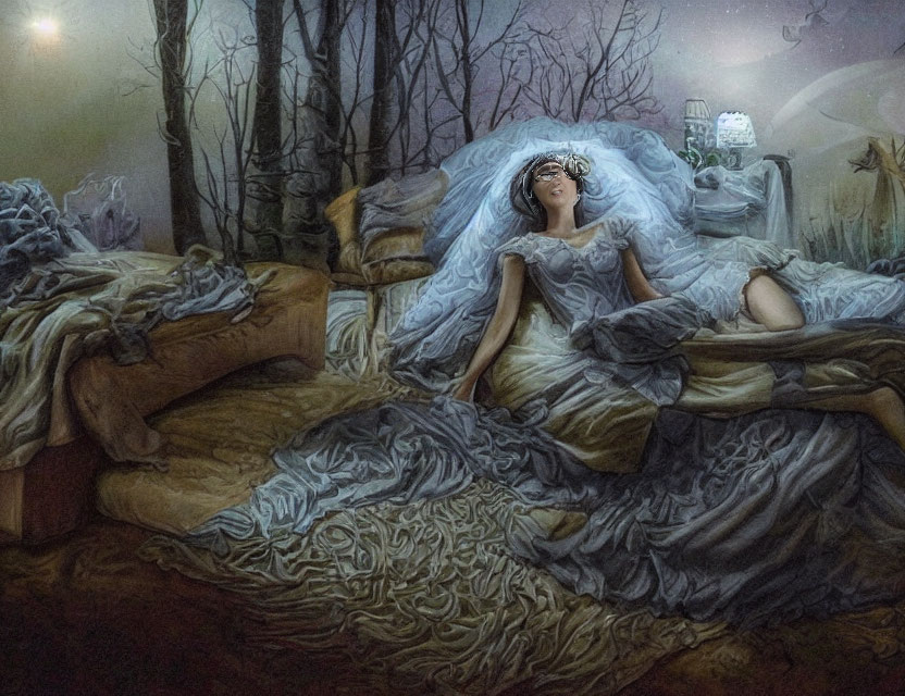 Woman in flowing dress reclines on bed in mystical forest with lanterns and fog.