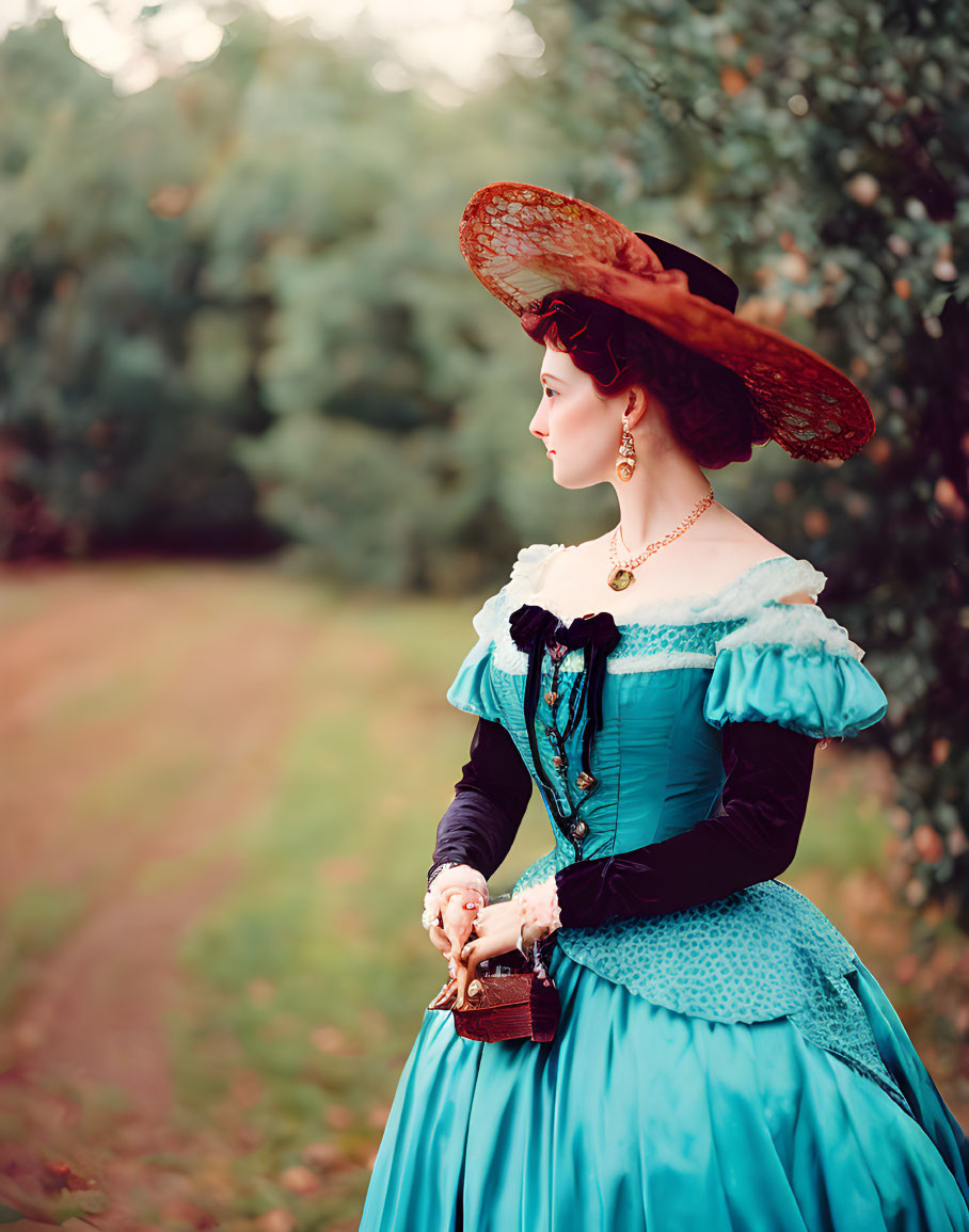 Victorian woman in elegant blue dress with fan outdoors