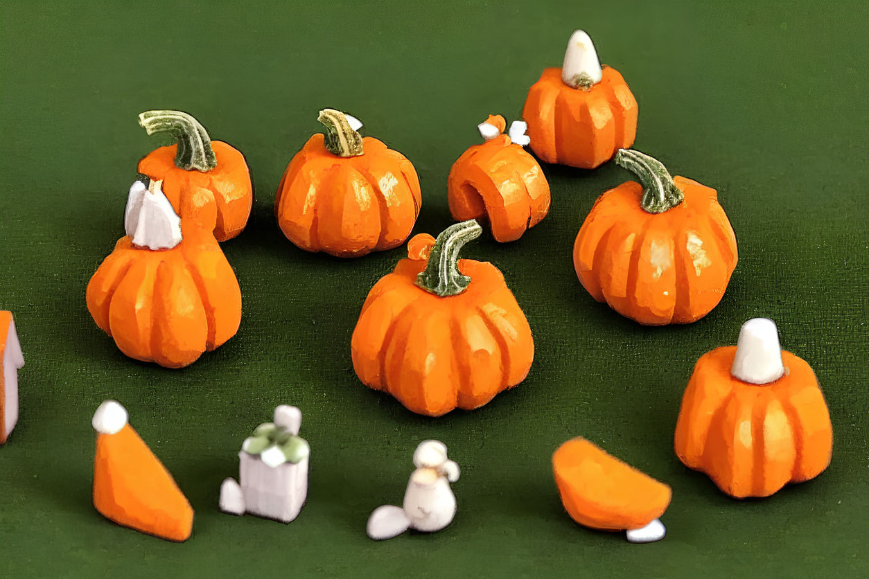 Miniature Pumpkins and White Gourds on Green Background