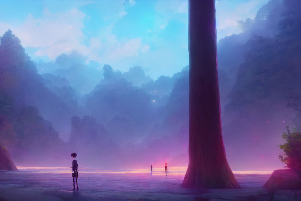 Person standing by giant tree in mystical forest with luminous fog and distant figures under pastel sky.