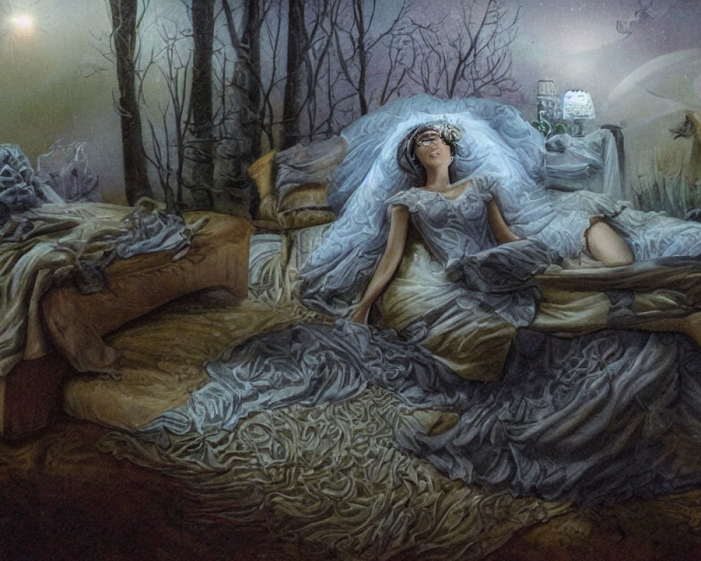 Woman in flowing dress reclines on bed in mystical forest with lanterns and fog.