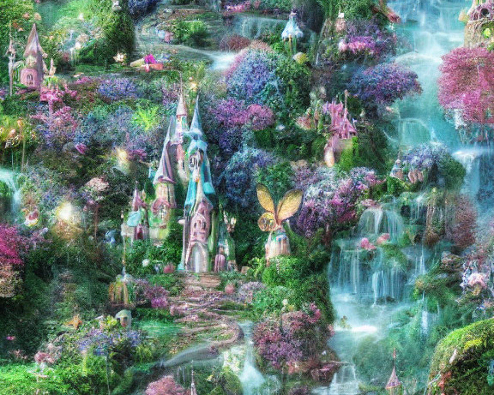 Fantasy image of enchanted forest with castles, waterfalls, floral landscapes