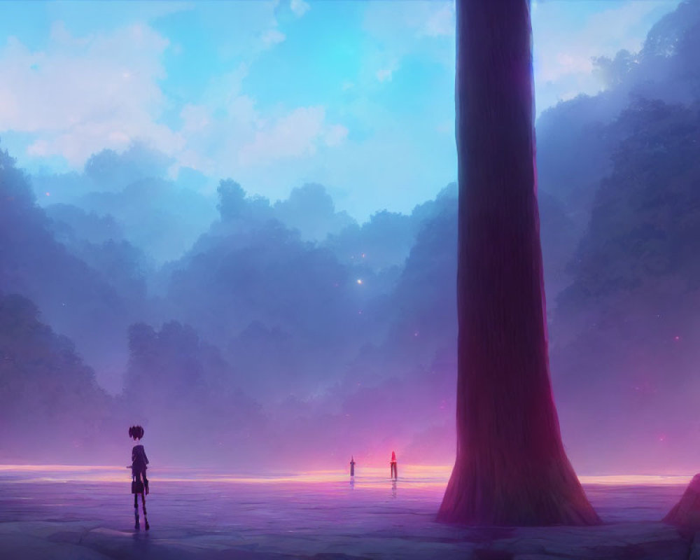 Person standing by giant tree in mystical forest with luminous fog and distant figures under pastel sky.