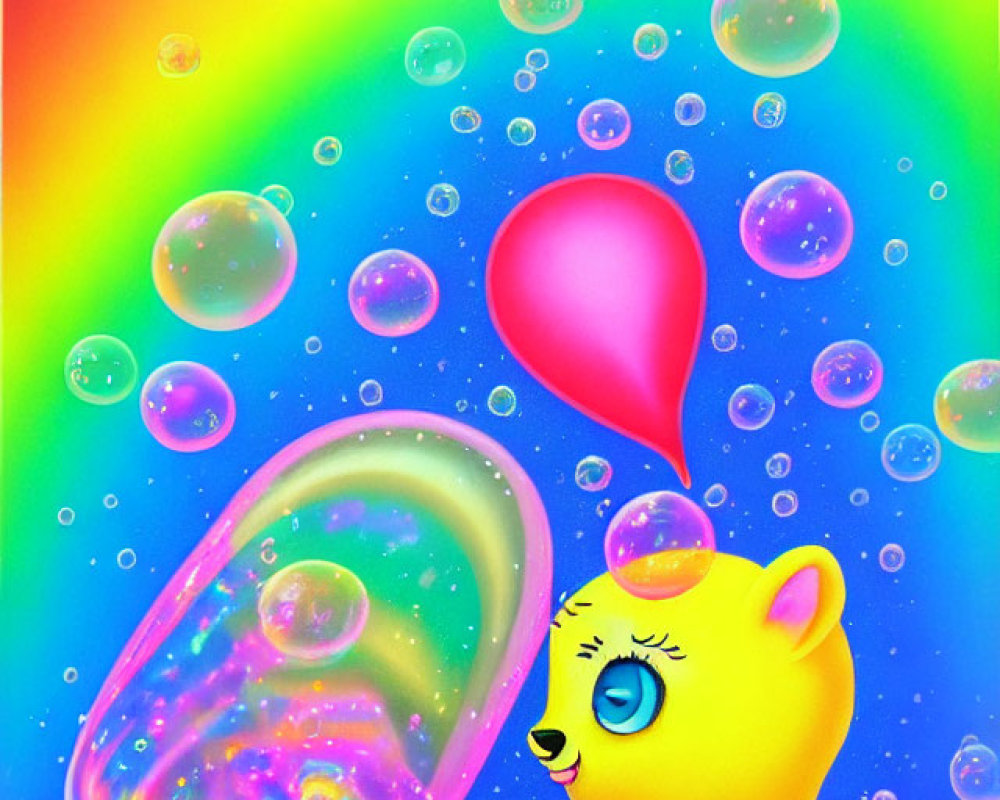 Colorful Illustration of Yellow Bear with Pink Balloon & Rainbow Background