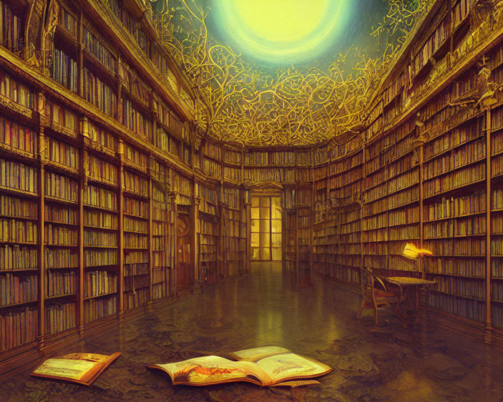 Enchanting library with tall bookshelves, glowing green ceiling, open book, warm lighting