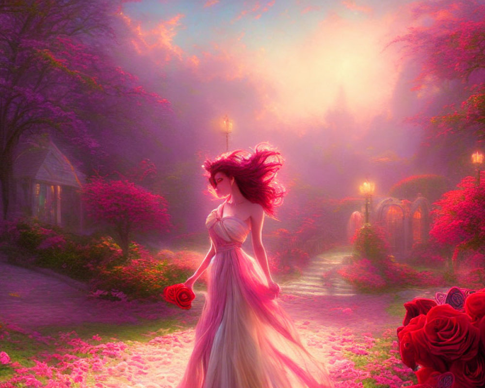 Woman in flowing dress in vibrant mystical garden with blooming flowers