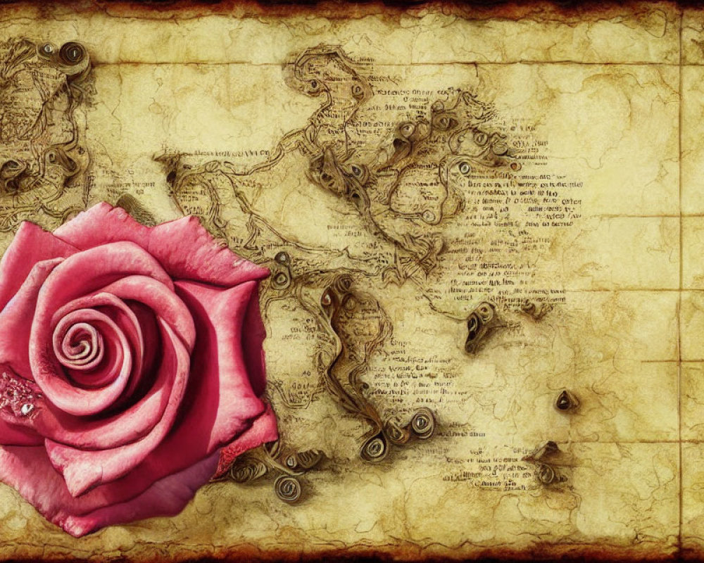 Red Rose on Vintage Map with Ornate Details