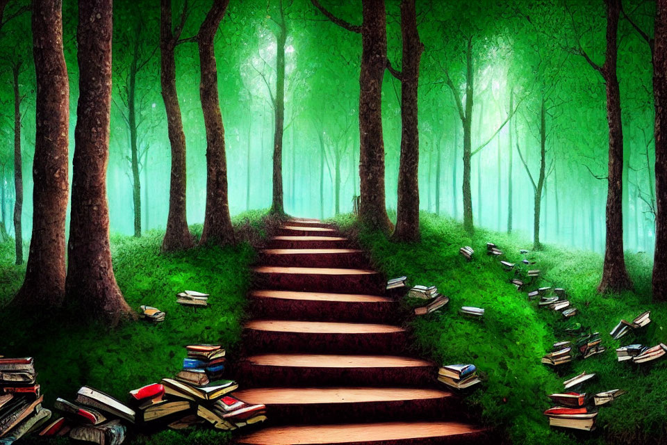 Enchanted forest with staircase path and scattered books in green haze