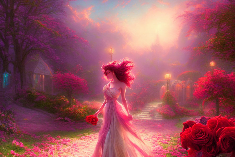 Woman in flowing dress in vibrant mystical garden with blooming flowers