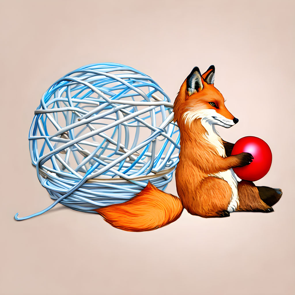 Fox with blue and red yarn balls illustration