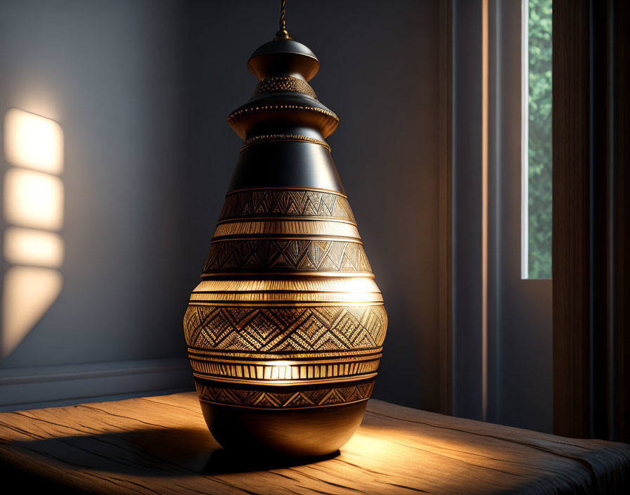 Intricate Patterned Vase Casting Shadow on Wooden Surface