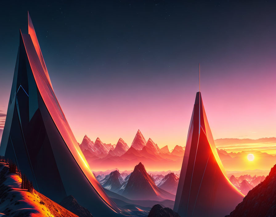 Futuristic sharp structures in surreal mountain landscape at sunrise.