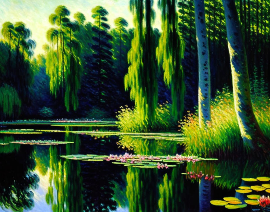 Serene pond painting with lush trees and water lilies
