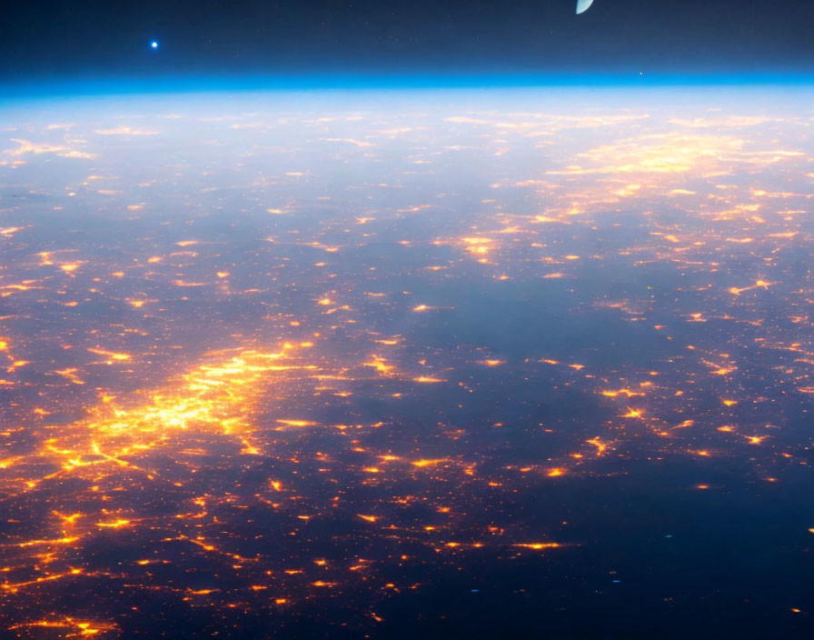 Night view from space: Earth's curvature, city lights, moon in distance