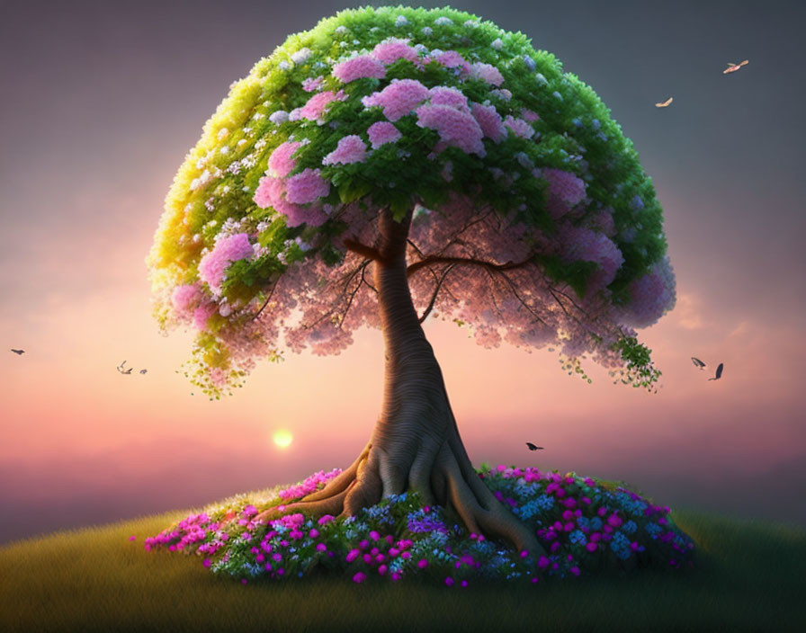 Colorful Tree Illustration with Birds and Flowers in Dusk Sky
