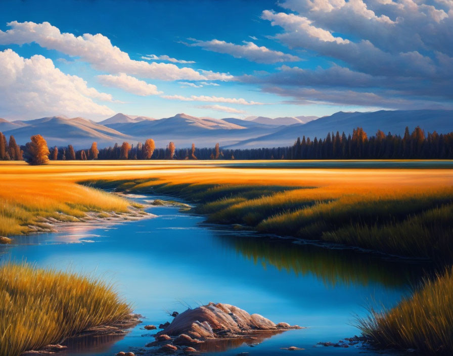 Tranquil landscape with blue river, golden field, lush greenery, fluffy clouds