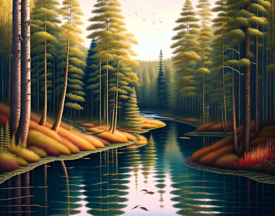 Tranquil river landscape with lush forests and tall trees