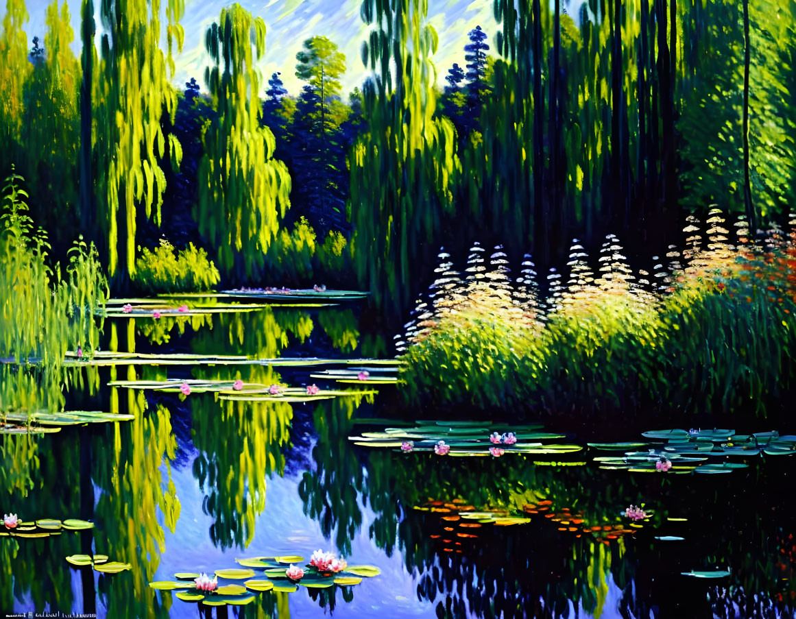 Serene pond with water lilies and lush greenery artwork