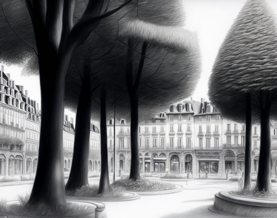 Monochromatic urban park sketch with classical buildings