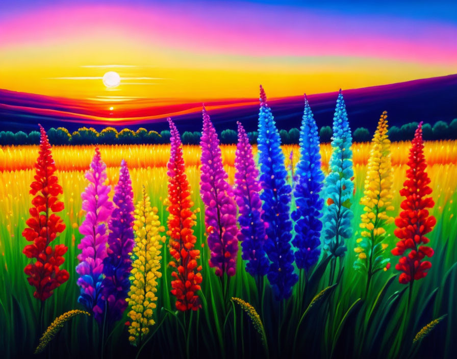 Colorful lupines painting with sunset sky gradient and glowing sun