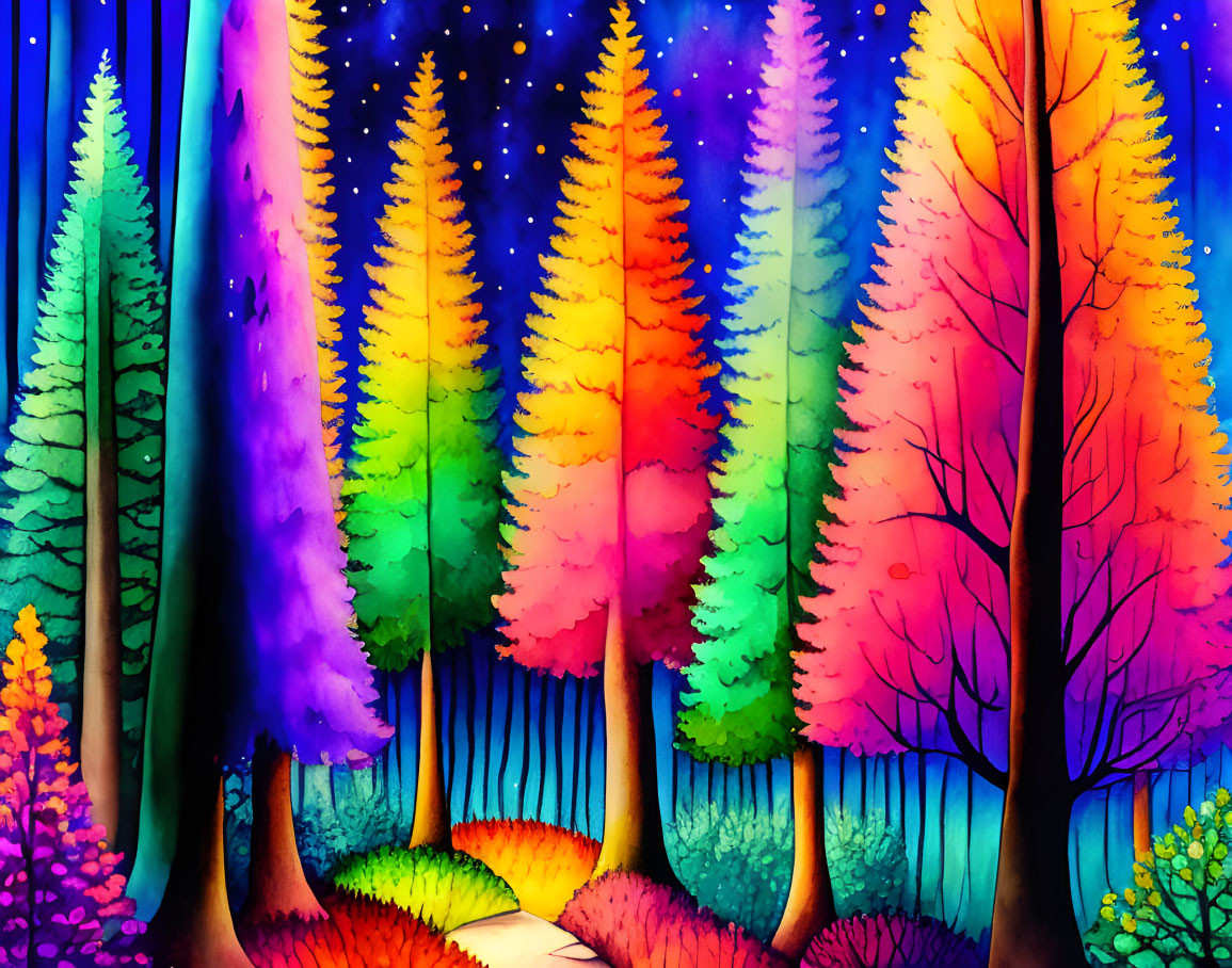 Colorful Rainbow Forest Path Under Starry Night Sky