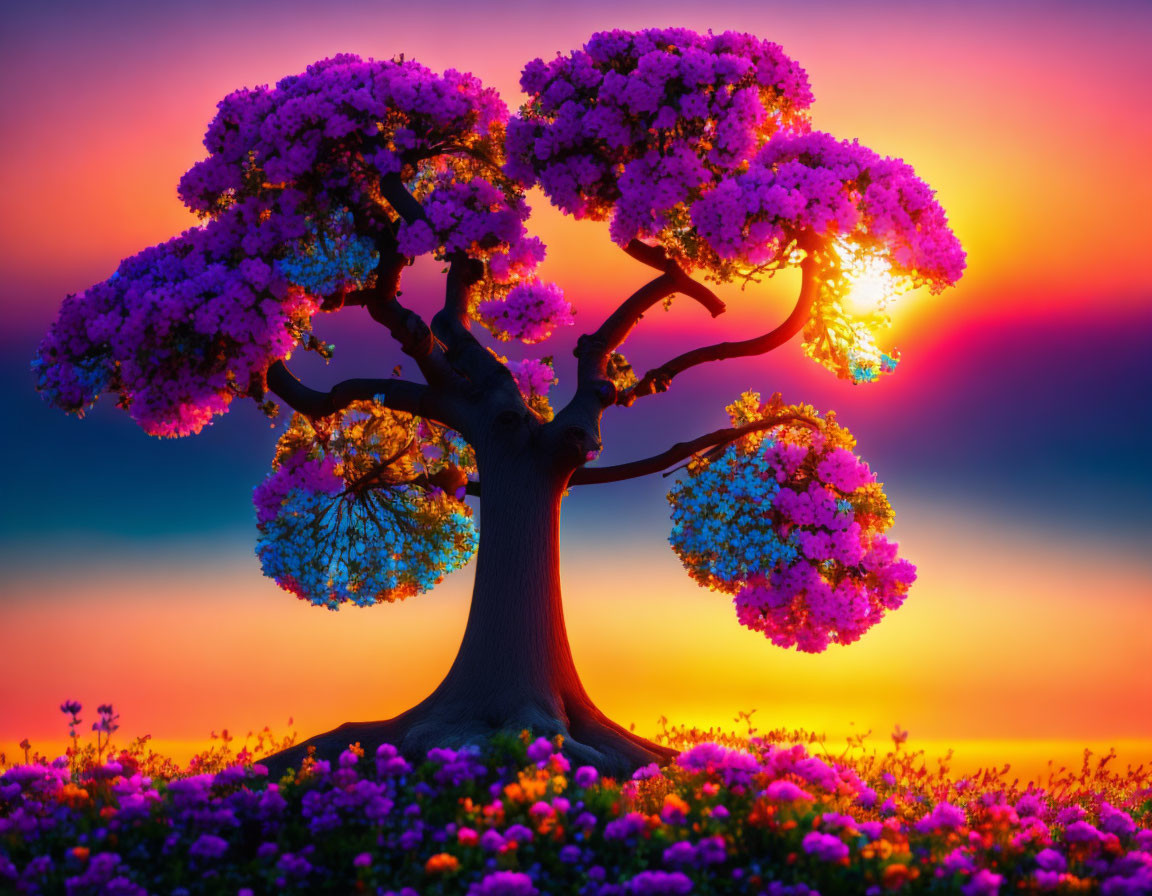 Vibrant tree with purple blooms against colorful sunset sky