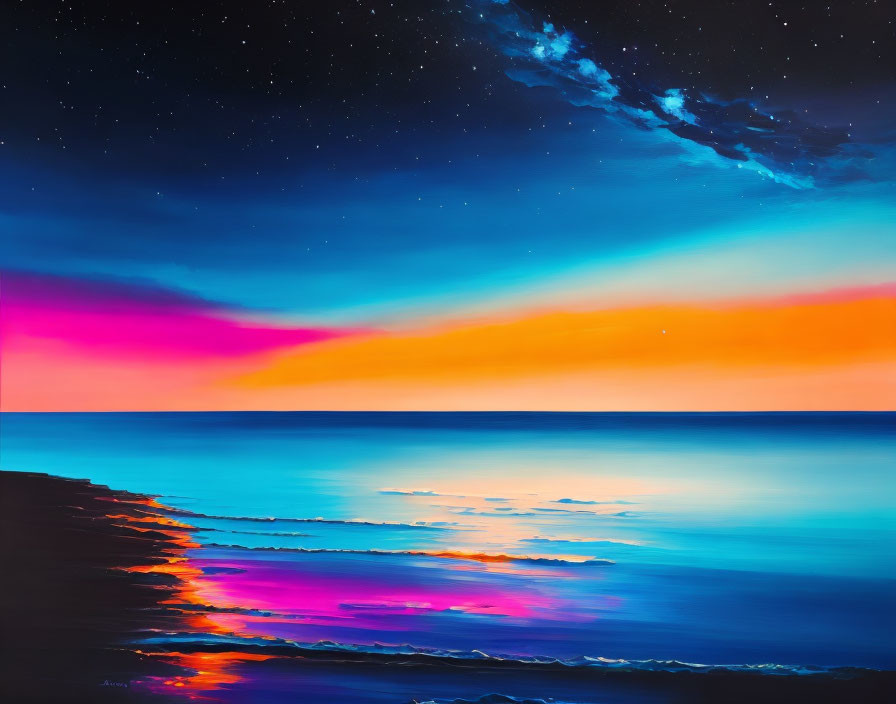 Colorful Sunset Artwork: Blue, Pink, Orange, Dark Sea, Starry Night Sky