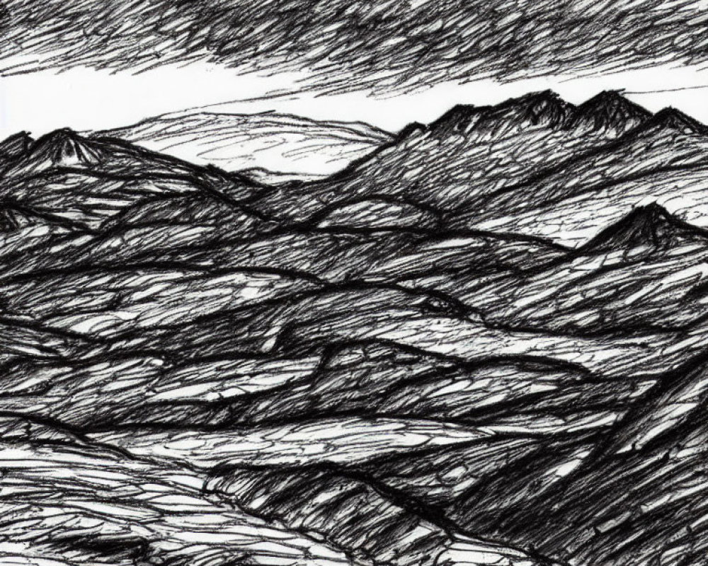 Detailed pen-and-ink drawing of layered mountain ranges with textured strokes and rugged terrain under a dark sky