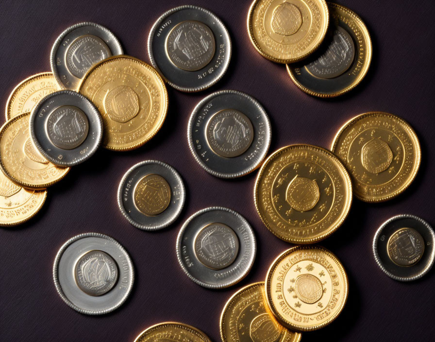 Various Gold and Silver Coins on Dark Surface with Light Reflections