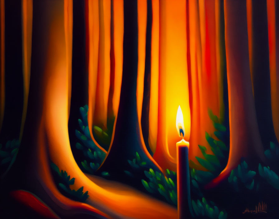Candle painting with warm glow against dark tree trunks