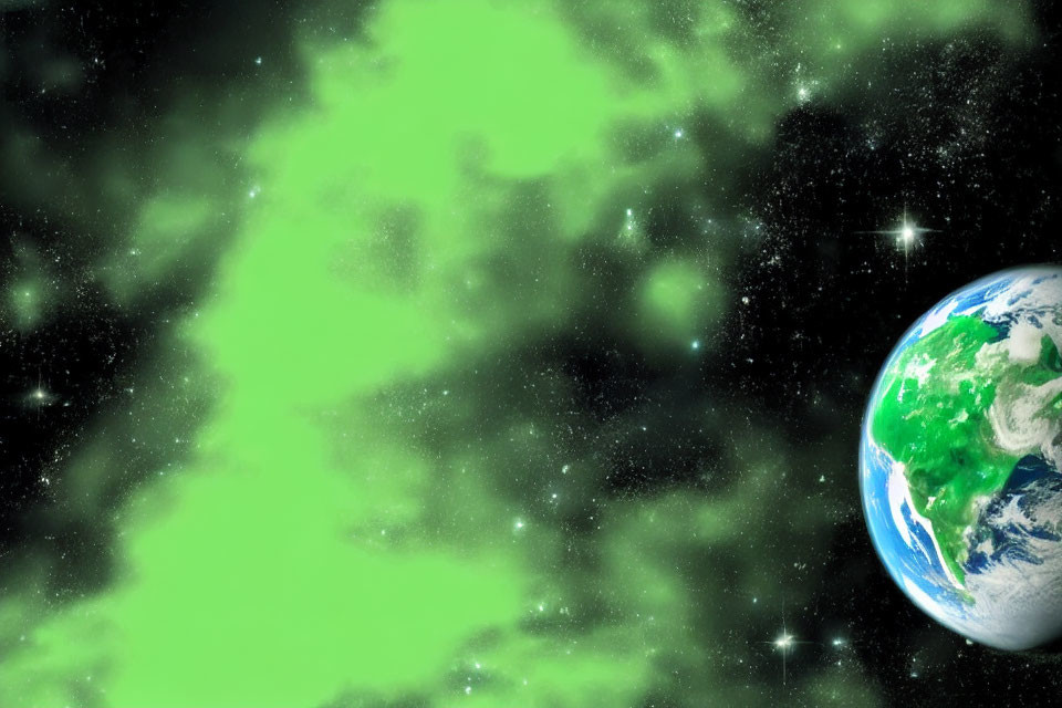 Earth from space with green nebula and stars in background