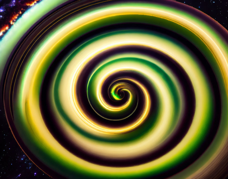 Abstract digital spiral in warm yellow and green hues on starry space background