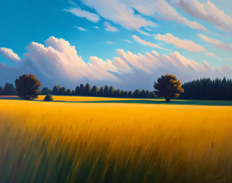 Tranquil sunset landscape with golden field, two trees, and blue sky