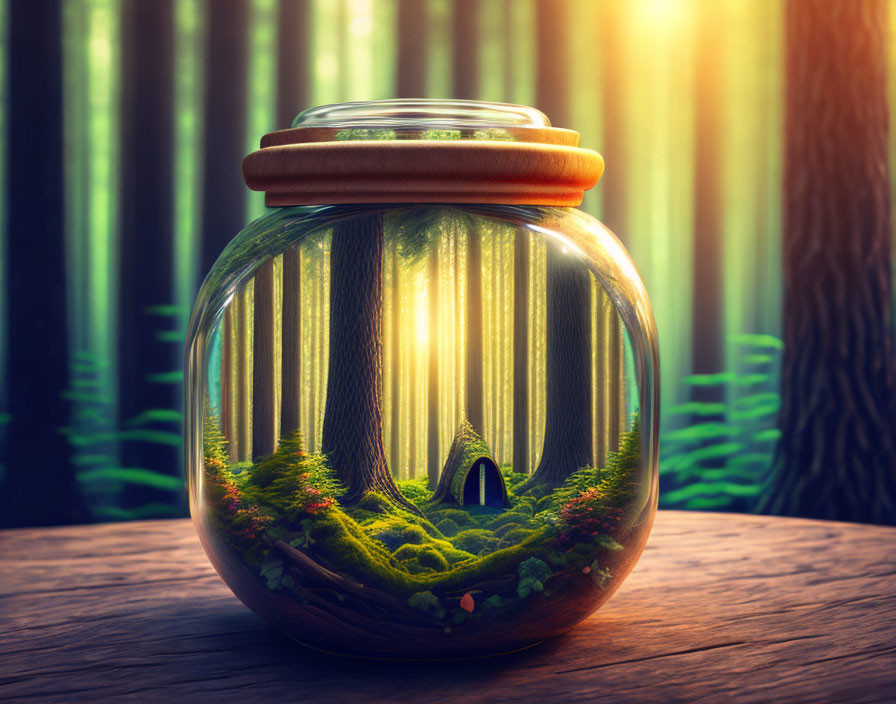 Glass jar with forest ecosystem on wooden surface