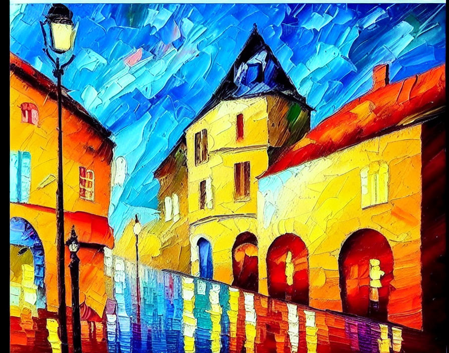 Colorful European Street Night Scene with Oil Paints
