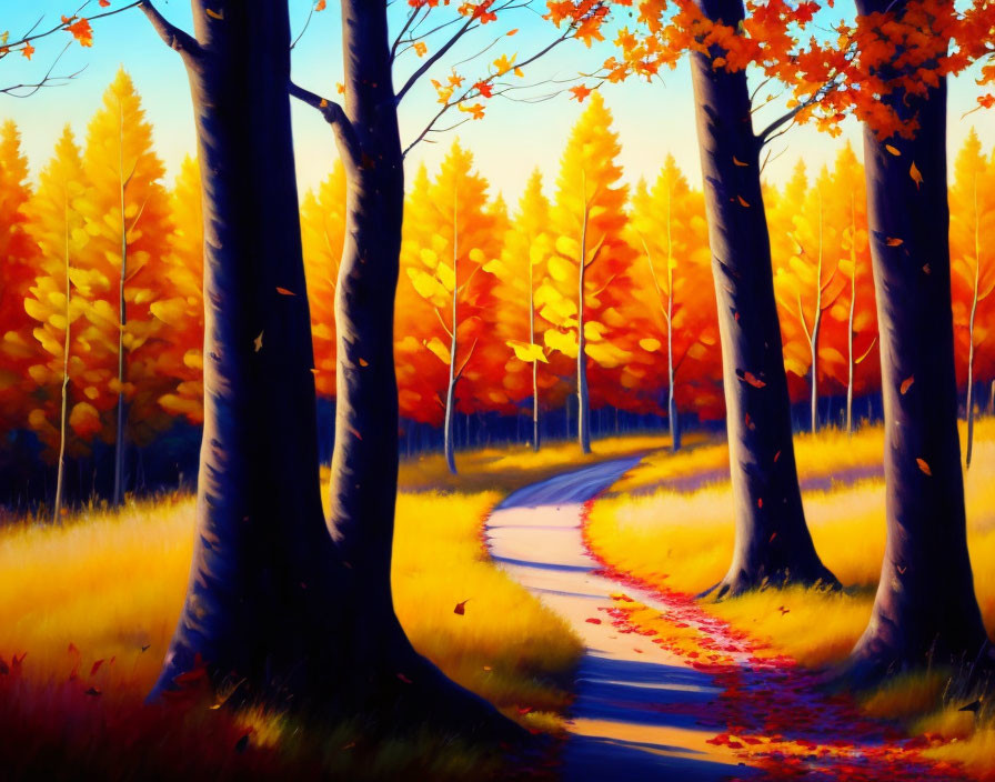 Scenic autumn landscape with winding path and golden leaves
