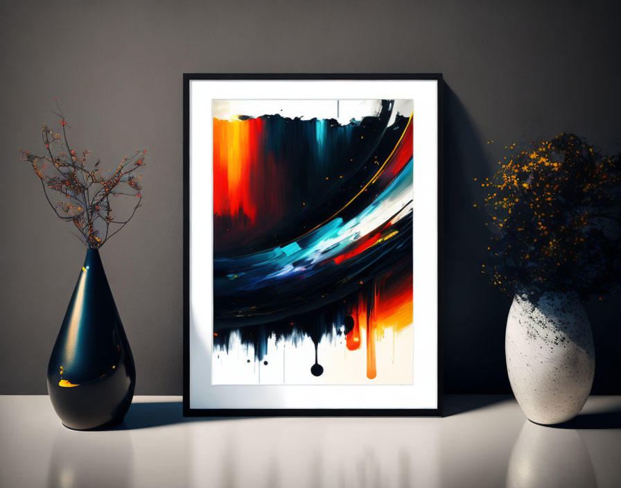 Abstract painting in black frame with vases and dried branches on shelf
