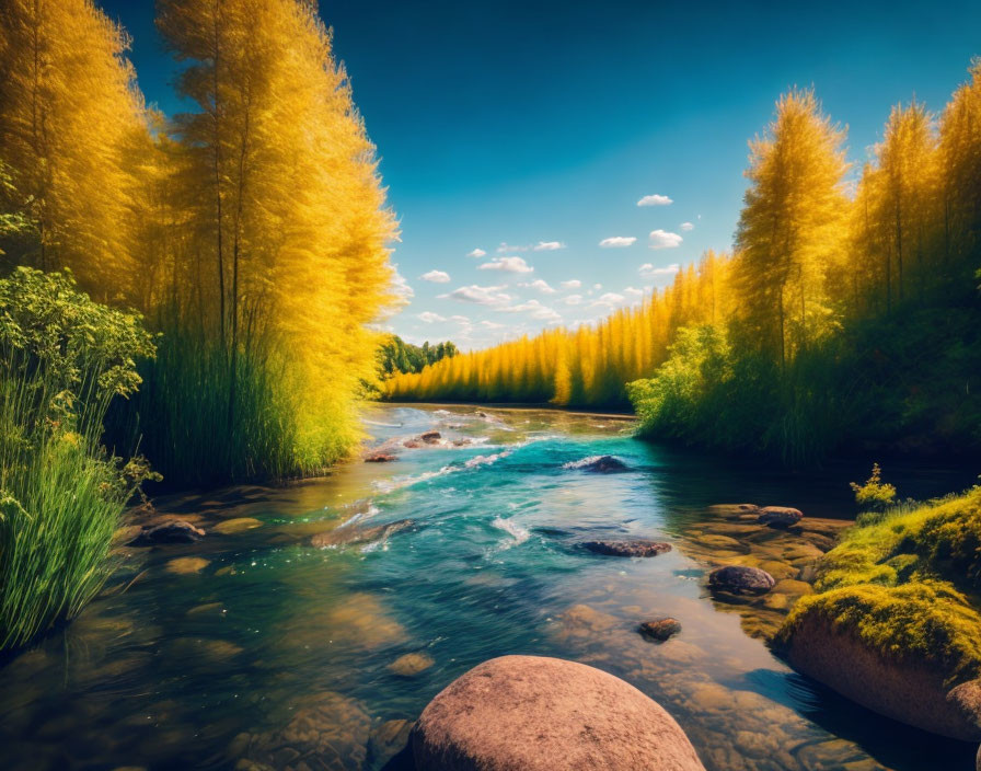 Tranquil river amidst golden trees and blue sky