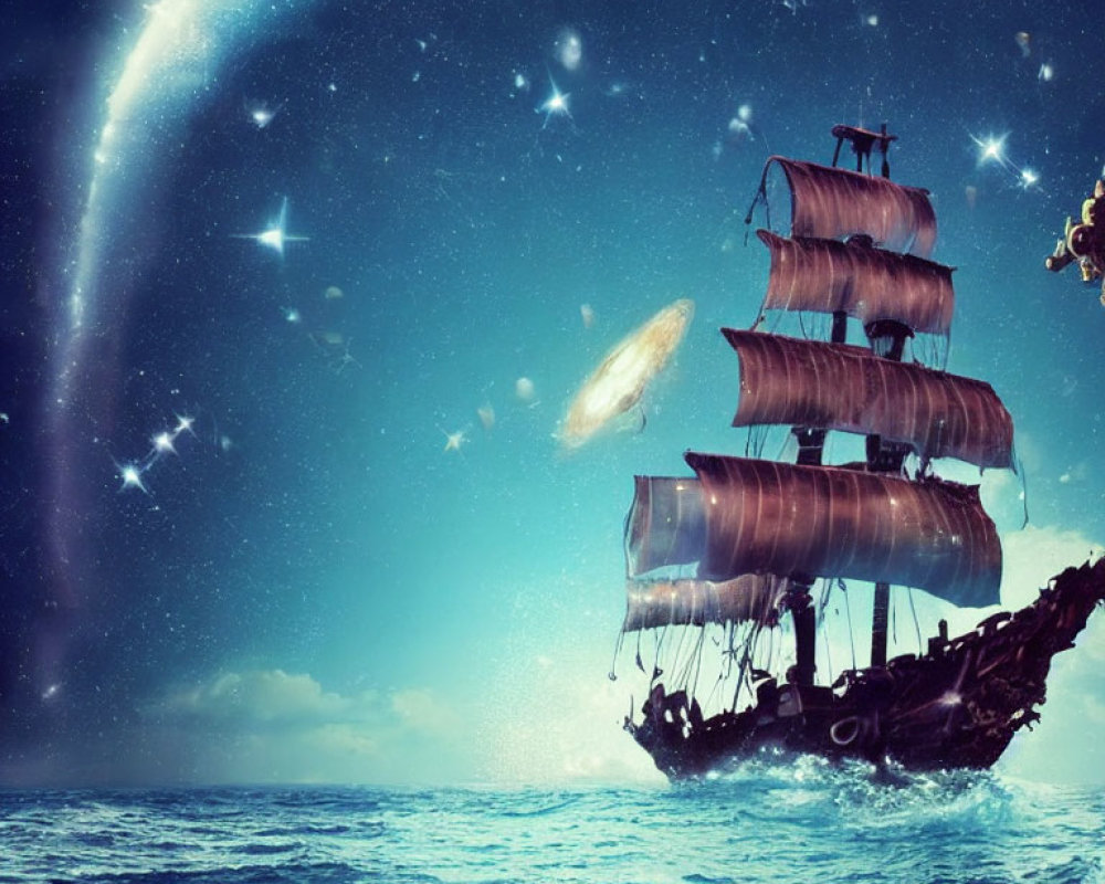 Fantasy scene featuring old sailing ship on cosmic ocean under starry sky.