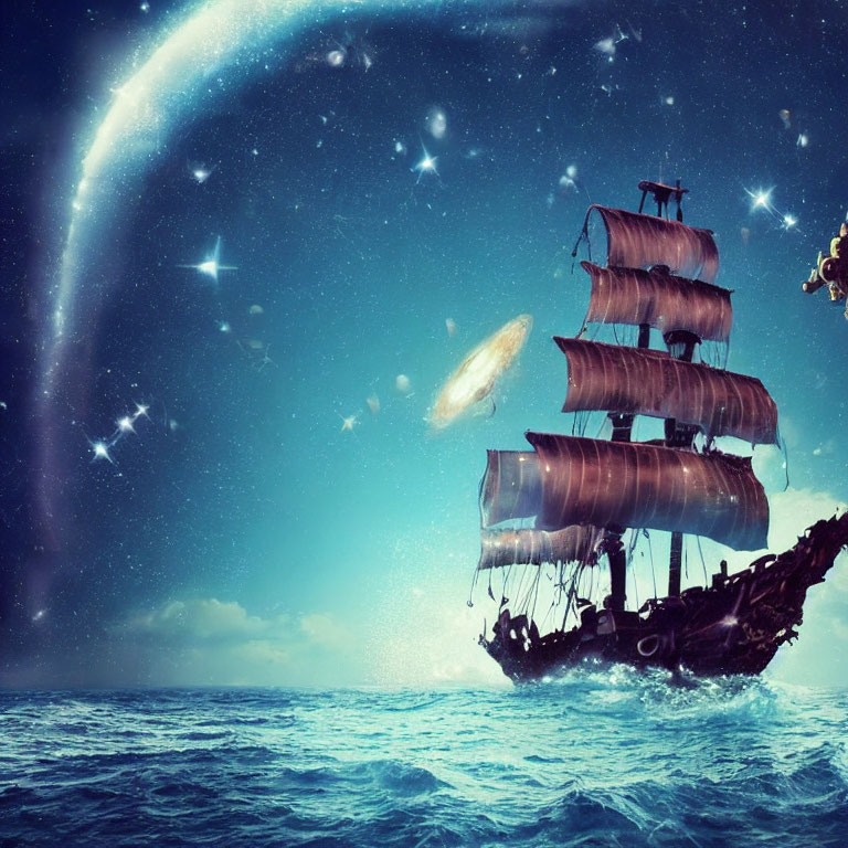 Fantasy scene featuring old sailing ship on cosmic ocean under starry sky.