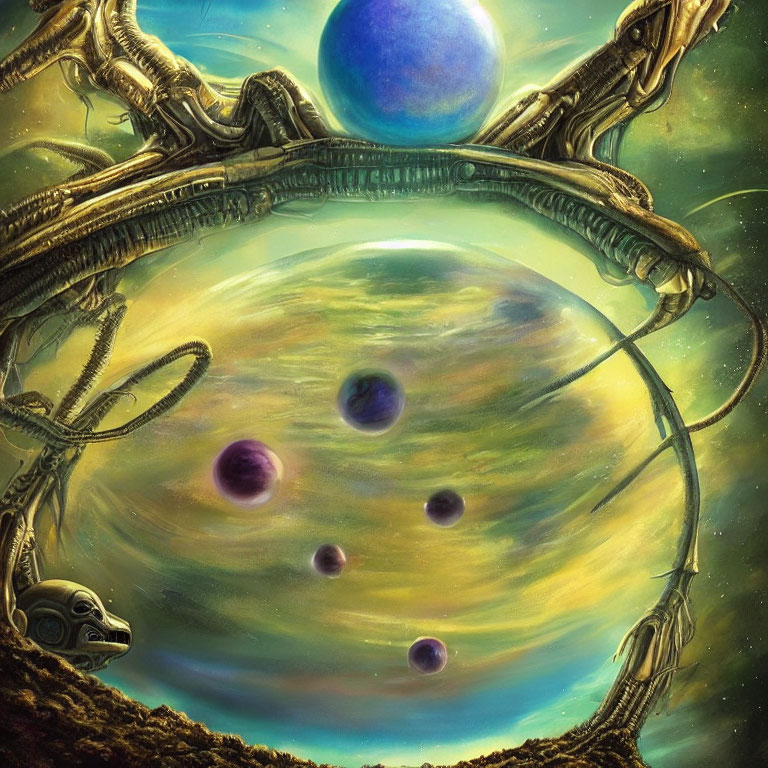 Cosmic Scene with Mechanical Alien Structures and Planets