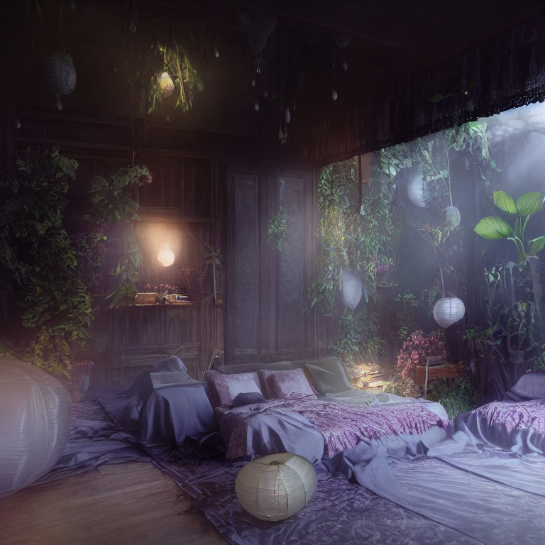 Plant-filled bedroom with hanging lanterns and cozy purple bedding