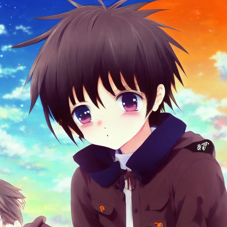 Anime character with large eyes in school uniform against cloudy sky